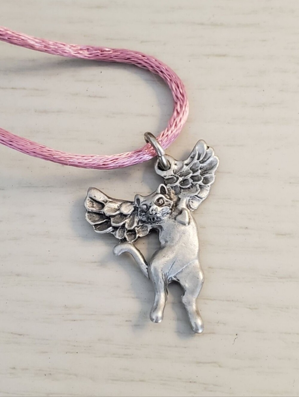 Winged Cat ANGEL Pendant Necklace - Pink Cord